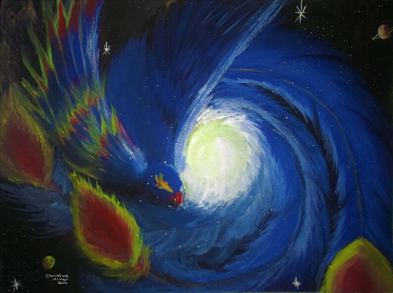 May include: A vibrant painting of a colorful bird flying into a swirling blue galaxy. The bird's wings are a mix of red, yellow, and blue, and the galaxy is filled with white stars.