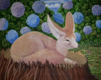 May include: A painting of a fennec fox resting on a tree stump, surrounded by blue and purple hydrangeas. The fox has large ears and a light brown coat. The artwork is set against a backdrop of green foliage and a blue sky.