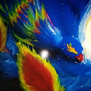 May include: Abstract painting with a blue background and colorful streaks of red, yellow, and green. The painting has a starry night effect with white dots scattered throughout.