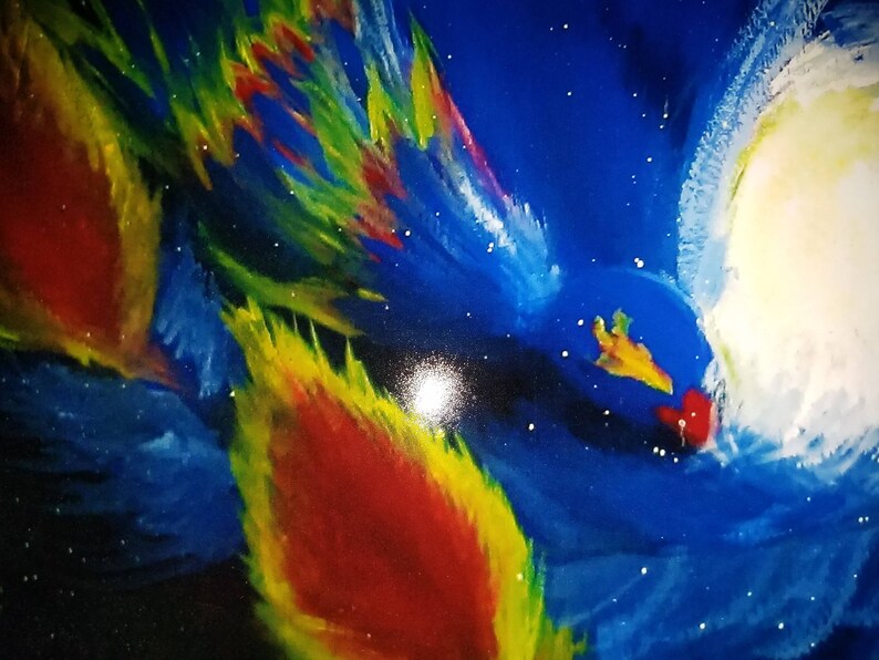 May include: Abstract painting with a blue background and colorful streaks of red, yellow, and green. The painting has a starry night effect with white dots scattered throughout.