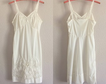 Vintage Slip Lingerie White Full Slip Retro Embroidered Embellished Lace Nylon Slip Dress Size 32 Bust Vintage Nightie 1950s 1960s