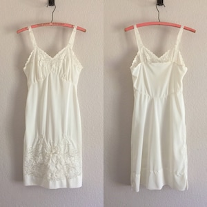 Vintage Slip Lingerie White Full Slip Retro Embroidered Embellished Lace Nylon Slip Dress Size 32 Bust Vintage Nightie 1950s 1960s