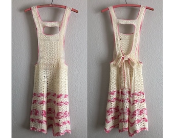 Vintage Apron Full Crocheted Apron Vintage Pink Cream Crocheted Bib Apron Handmade Apron Vintage Baking Cook Vintage Kitschy Kitchen
