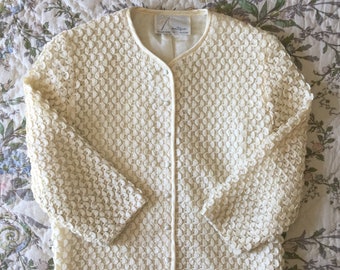 Vintage Women's Jacket Cream Three Quarter Sleeve Sweater P.S. Boutique Spring Cardigan 1960s Retro Fashion