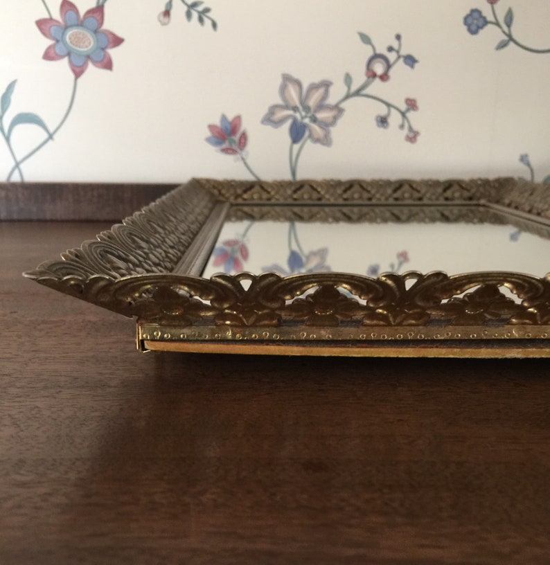 Vintage Dresser Tray Rectangular Metal Filigree Perfume Mirror Vanity