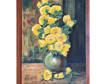 Vintage Oil Painting Vintage Floral Painting Yellow Poppies Vintage Artwork 18x24 Original Art Vintage Wall Decor
