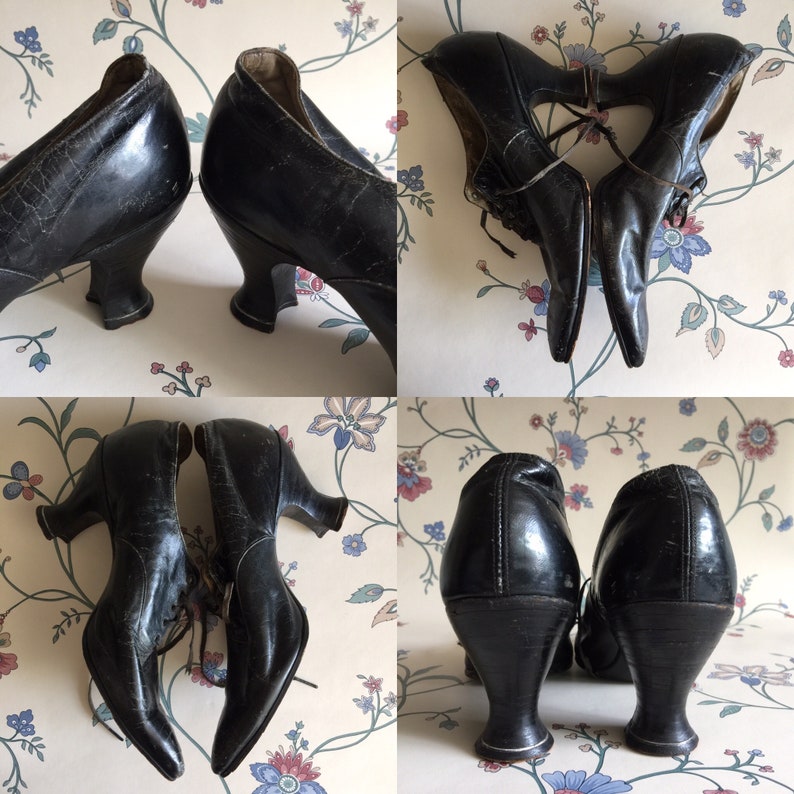 May include: Four black leather shoes with lace-up fronts and high heels. The shoes have a pointed toe and are in good condition.