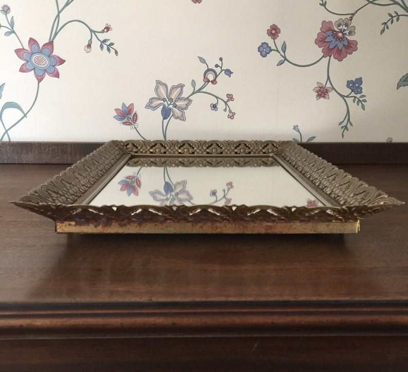 Vintage Dresser Tray Rectangular Metal Filigree Perfume Mirror Vanity