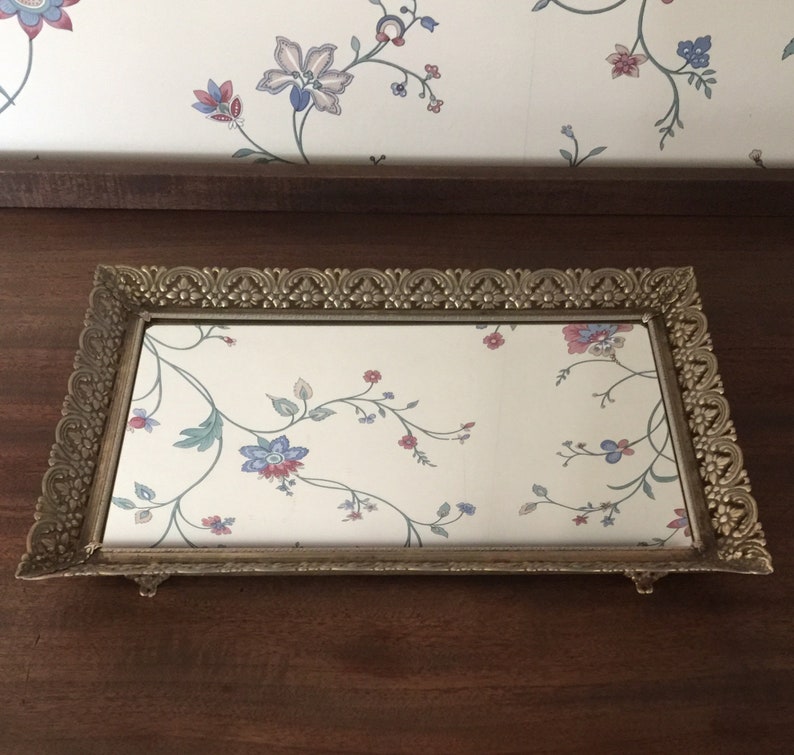 Vintage Dresser Tray Rectangular Metal Filigree Perfume Mirror Vanity