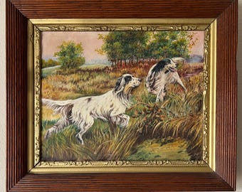 Antique Dog Painting Vintage Hunting Scene Bird Dog Oil Painting Two Setters Hunting Dog Art Hunting Dogs Vintage Wall Art Decor Landscape
