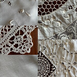 May include: Four samples of white lace fabric, each with a different pattern, arranged in a grid on a wooden surface.