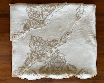 Vintage Cross Stitched Tablecloth Ecru Linen Tablecloth Handmade Hand Stitched Taupe Cross Stitch 64x79 Inch Heart Motif Neutral Rectangle