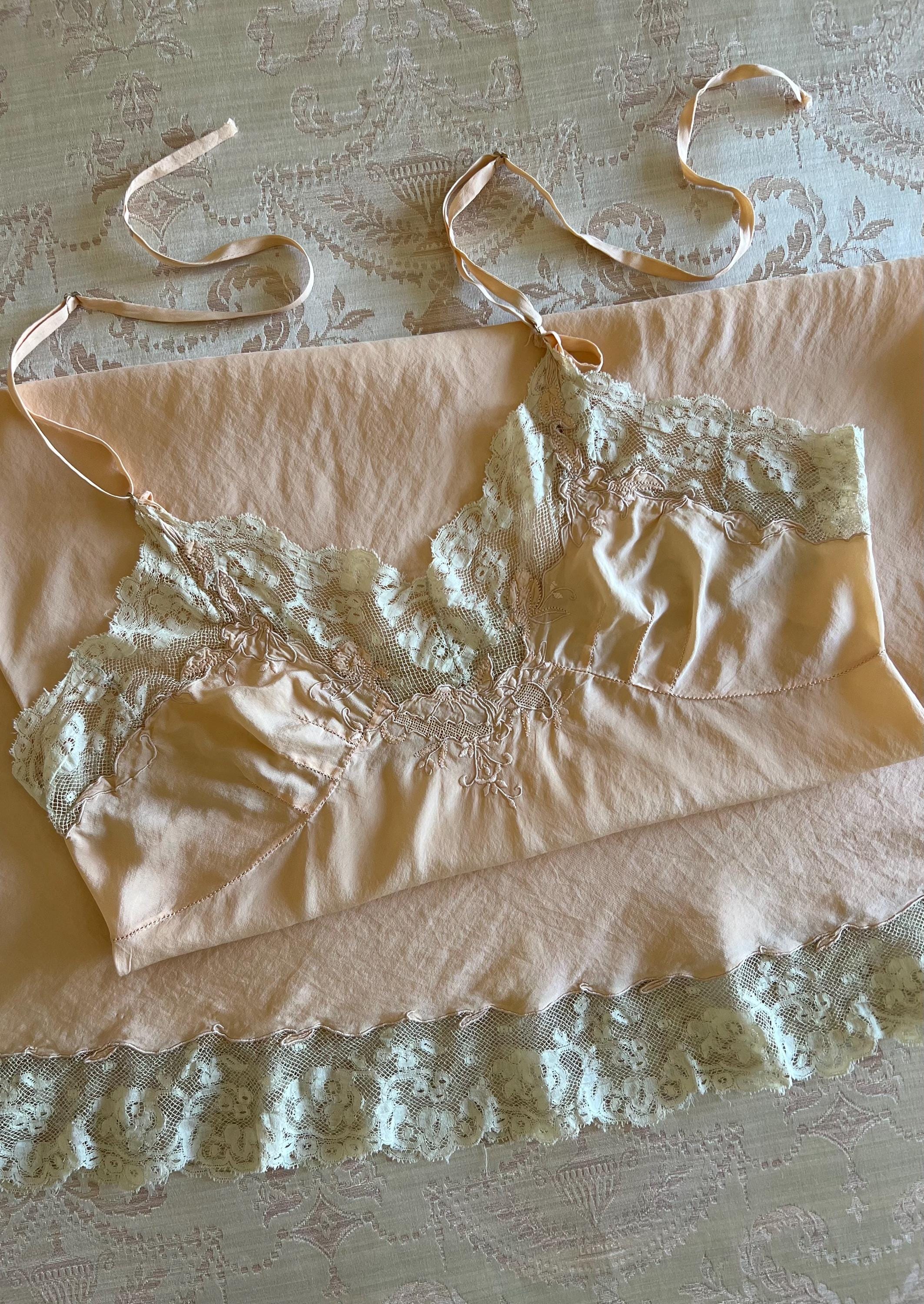 Vintage Silk Full Slip Small Peach Silk and Lace Slip Embroidered Bias Cut Size 32 Bust Project Piece Lace Repair Vintage Womens Lingerie