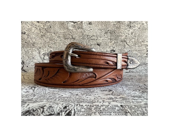 Vintage Western Leather Belt Vintage Sterling Buckle Set Hand Tooled Leather Belt Small Belt Vintage Western Wear Vintage Accessories