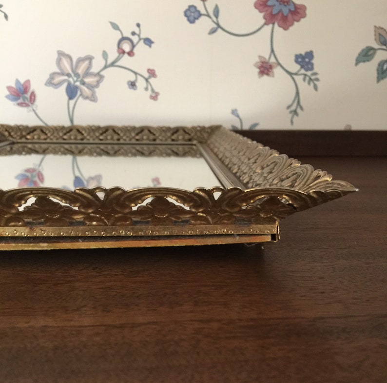 Vintage Dresser Tray Rectangular Metal Filigree Perfume Mirror Vanity