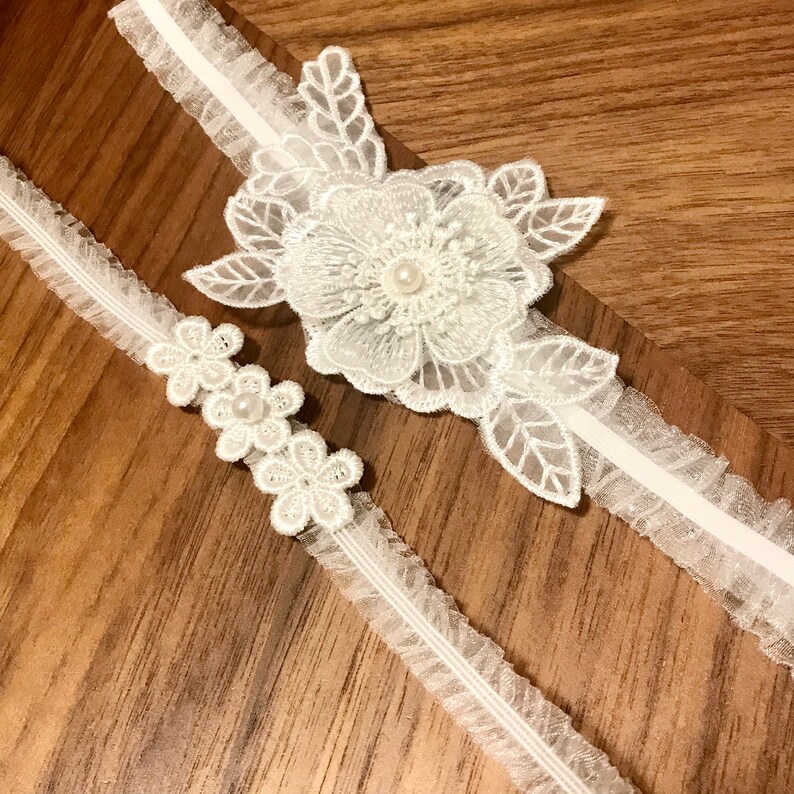 Camelia lace with pearl wedding Garter set/ Bridal Garter/toss garter/keepsake, wedding gift, wedding gift, floral lace garter set image 2