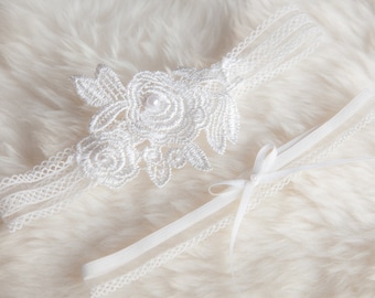 Rose flower lace with small ribbon garter set, wedding garter, bridal garter, keepsake garter, toss garter, bridal gift, wedding gift