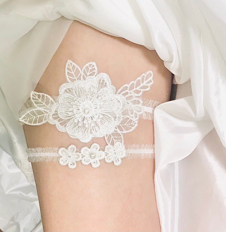 Camelia lace with pearl wedding Garter set/ Bridal Garter/toss garter/keepsake, wedding gift, wedding gift, floral lace garter set image 1