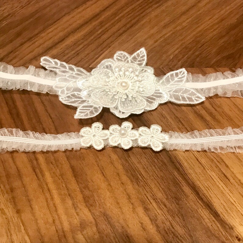 Camelia lace with pearl wedding Garter set/ Bridal Garter/toss garter/keepsake, wedding gift, wedding gift, floral lace garter set image 4