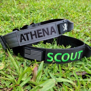May include: Two dog collars on green grass. The top one is grey with "ATHENA" embroidered in black and a skull and crossbones patch. The bottom collar is black with "SCOUT" in green and an American flag patch.
