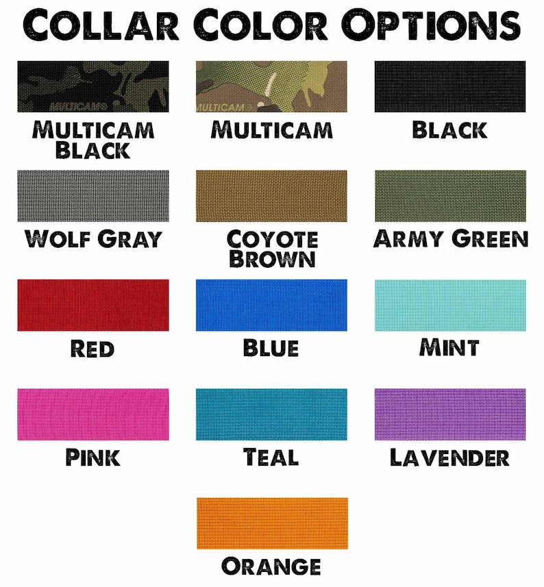 May include: Image showing collar colour options. The options include Multicam Black, Multicam, Black, Wolf Grey, Coyote Brown, Army Green, Red, Blue, Mint, Pink, Teal, Lavender, and Orange.