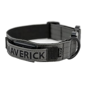 May include: Gray dog collar with the name "MAVERICK" in black lettering. The collar has a black buckle and a metal D-ring. The brand name "TACIPUP" is also visible on the collar.