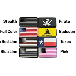 May include: A collection of rectangular patches featuring diverse designs. These include the American flag in several styles, a skull and crossbones, the Gadsden flag, the Texas flag, and flags with thin red and blue lines.