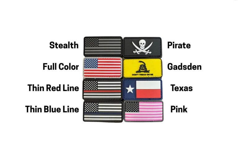 May include: A collection of rectangular patches featuring diverse designs. These include the American flag in several styles, a skull and crossbones, the Gadsden flag, the Texas flag, and flags with thin red and blue lines.
