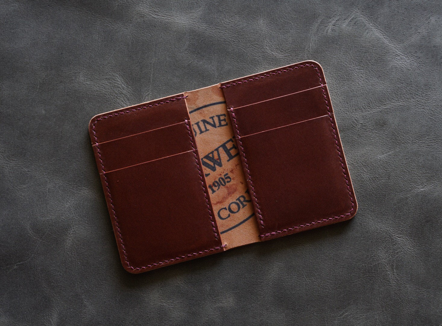 Made to Order Shell Cordovan Handmade Pocket Organizer Bifold Vertical Wallet Navy Blue and Natural Italian Vegetable Tanned Leather with Bill Divider