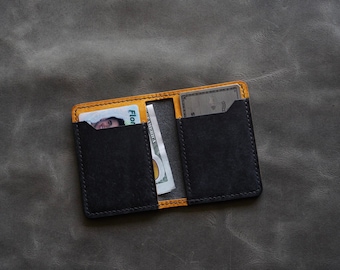 Cartera plegable vertical de cuero italiano / Tarjetero de 4 bolsillos hecho a mano / Cartera de cuero delgada de estilo minimalista / Pueblo negro y amarillo