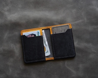 Italian Leather Vertical Bifold Wallet | Handmade 4 pocket Card Case Wallet | Minimalist style slim leather wallet | black and yellow Pueblo