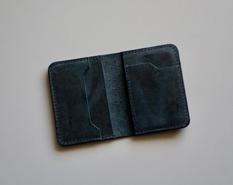 Minimalist vertical bifold wallet, handmade leather bifold wallet,  4 pocket card case wallet, blue leather wallet, slim wallet