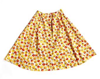 Vintage 1960's Button Down Orange, Red & Yellow Peaches Summer Skirt / Secretary Preppy Style / Fruit Patterned Teacher High Waisted Skirt