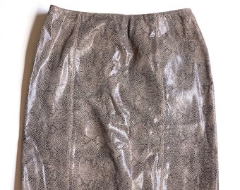 Vintage 1990's Gianni Petite 100% Leather Snake Printed Fitted Pencil Skirt / Animal Print Rocker Skirt / Y2K Snakeskin Skirt / Grunge Skirt
