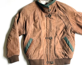 Vintage 1980's Leather Aviator Jacket by Greg Bell / 80's Leather Coat / Brown Leather Fall Jacket / Winter Snap Button Coat