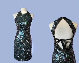 Vintage Iridescent Mermaid Scale Sequin and Beaded Sleeveless Open Back High Neck Party Dress / Festival Wear / Formal Dress / Fabric Bow