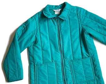 Vintage 1980's/90's BLAIR Teal Collared Zip Up Jacket with Oversized Front Pockets / Quilted Coat / Retro Basic Layering Jacket