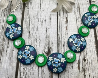 Blue and Green Necklace | Retro Necklace | Boho Jewellery | Button Necklace | Gift for Her | Australian Seller | LiliPiliDesigns