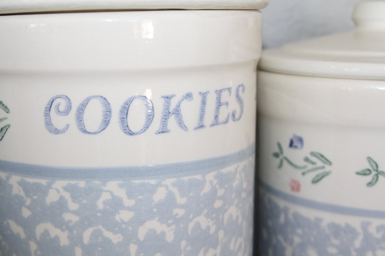 Vintage White and Blue Crock Kitchen Canisters set of 4 by Etsy
