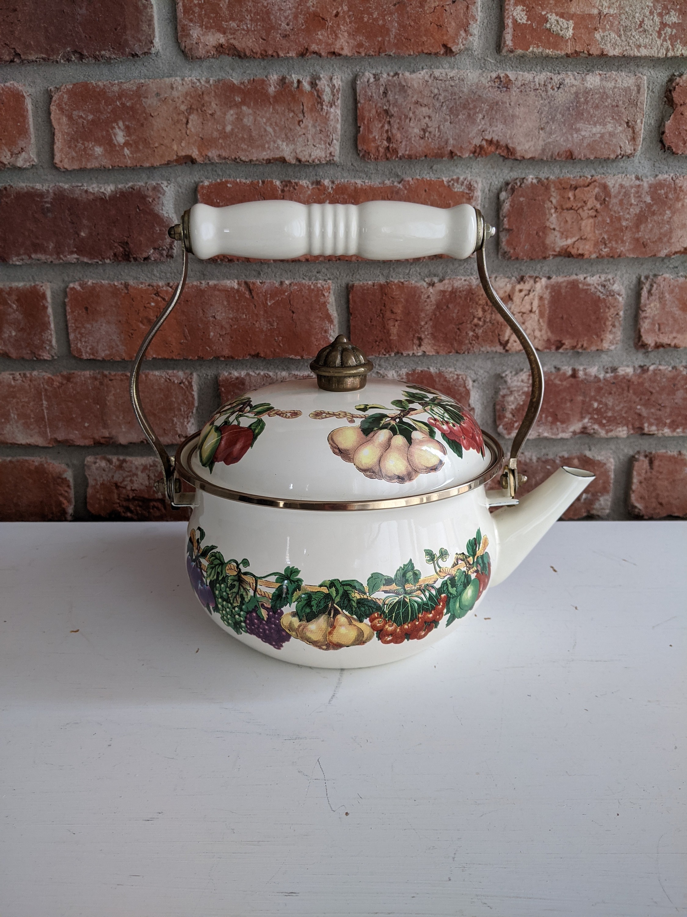 Vintage Gardenthemed Tea Kettle With Porcelain Handle Gold Etsy