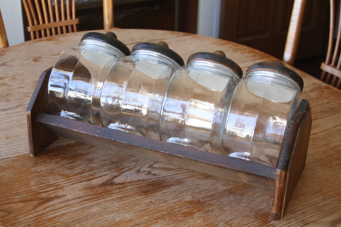 Vintage Glass Canister Set with Wooden Lids and Storage Rack Etsy