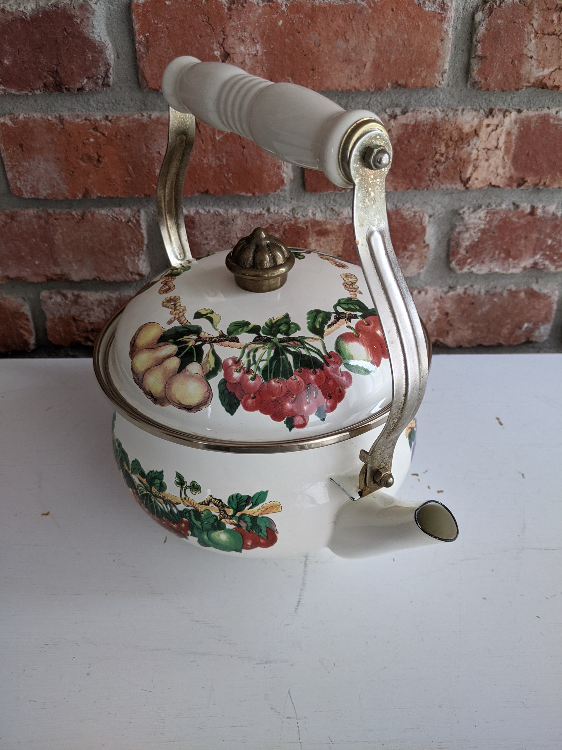 Vintage Gardenthemed Tea Kettle With Porcelain Handle Gold Etsy