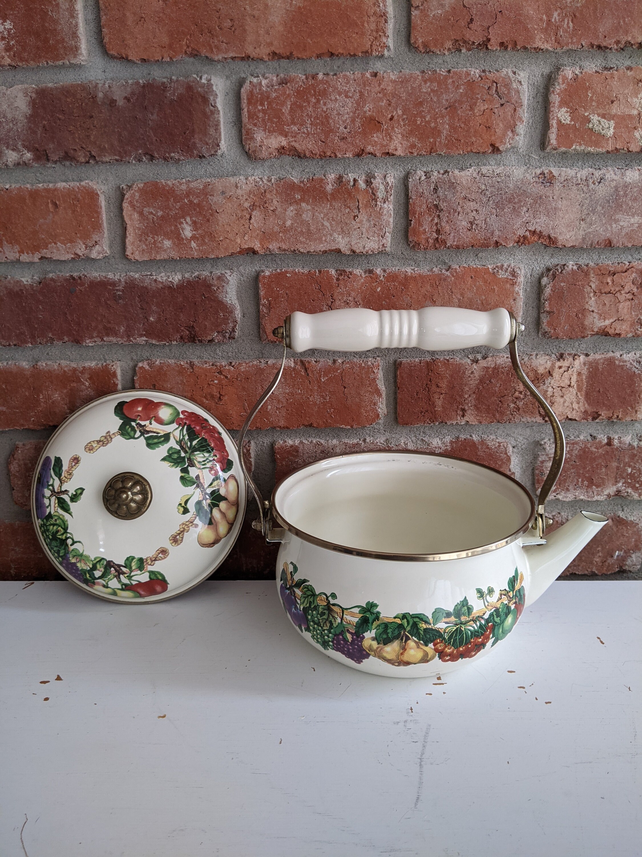 Vintage Gardenthemed Tea Kettle With Porcelain Handle Gold Etsy