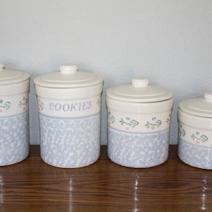 Vintage, White and Blue Crock Kitchen Canisters (Set of 4) by Santa Ana Crock Shop - RARE Cookie Jar Included!