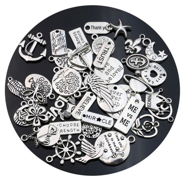 Assorted Word Charms, Build Your Own Jewelry Pendants, 20 pcs, Wholesale, Mixed Lot Variety, Inspirational Crafts, DIY Charm Bracelets