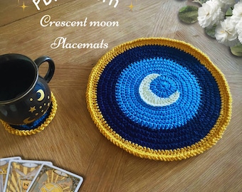 Crescent moon Placemat crochet pattern, Celestial crochet, witchy home decor