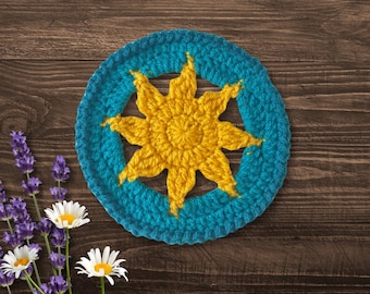 Sun coaster crochet pattern, Celestial crochet, witchy home decor