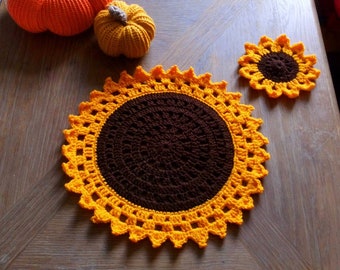 Sunflower placemats, Spring decor, home decor, housewarming gift, crochet placemats, floral, sunflowers