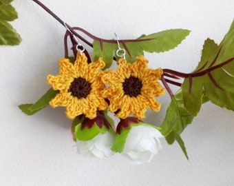 Sunflower earrings, Spring earrings, jewellery, flower gift, crochet earrings, floral, sunflowers