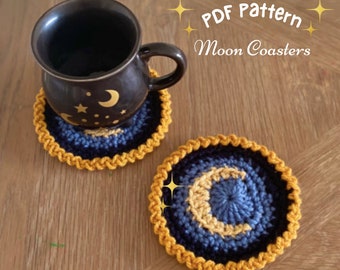 Crescent moon coaster crochet pattern, Celestial crochet, witchy home decor